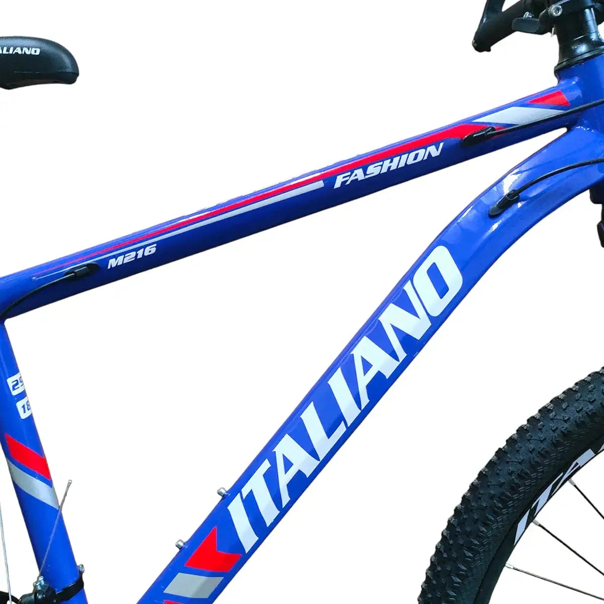 Close-up of blue Italiano M216 mountain bike frame showing the Italiano logo and red graphics.