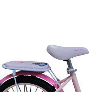 Close-up side view of the adjustable pink saddle and padded rear seat of a Roadix girls bicycle.
