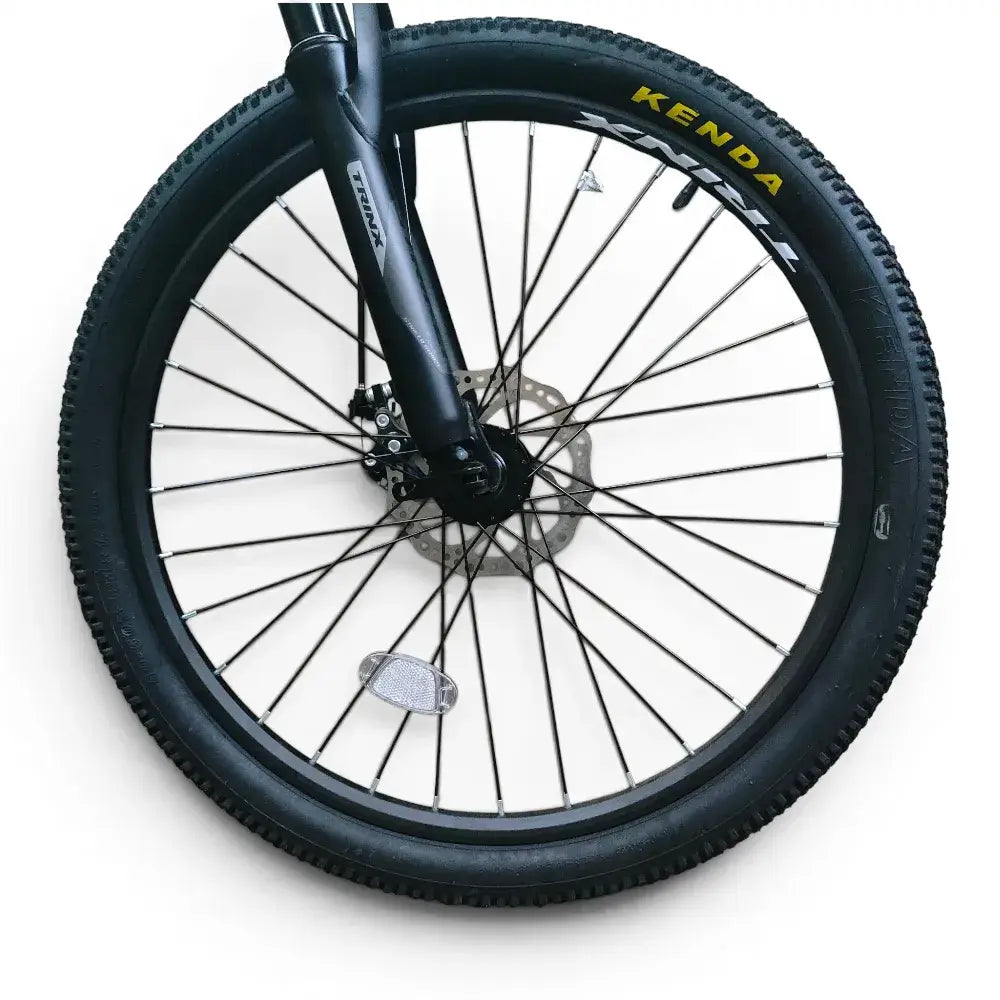 Front 24-inch wheel with Kenda tire, disc brake, and black suspension fork on Trinx K024 mountain bike