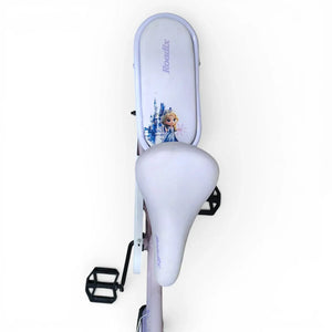 Close-up top view of the adjustable Purple saddle and padded rear seat of a Roadix girls bicycle.

