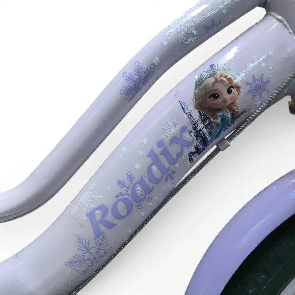 Close-up of purple Roadix girls bicycle frame and graphics