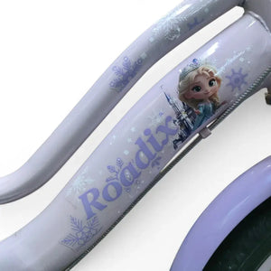 Close-up of purple Roadix girls bicycle frame and graphics