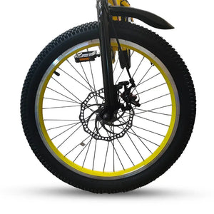Close-up of front wheel, disc brake rotor, and yellow rim on RF 20-inch kids bike with front fender.