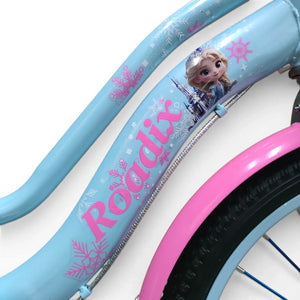 Close-up side view of the Blue steel frame with Roadix branding and Frozen graphics of a girls bicycle.