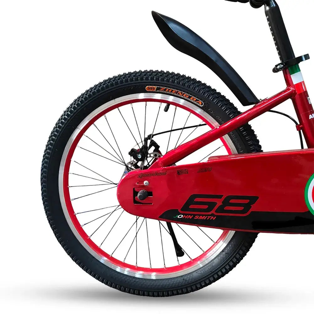 Close-up of rear wheel, red chain guard, and black fender on RF 20-inch kids bike.