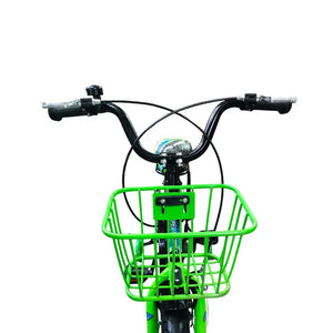 Front view close-up of green wire basket and handlebars on Super Hero 16-inch kids bike.