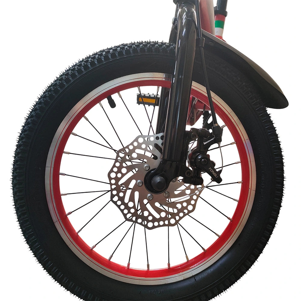 Close-up of RF 16-inch kids bicycle front wheel with disc brake rotor and red rim