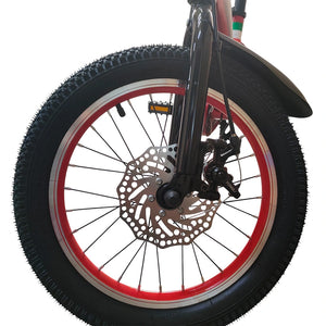 Close-up of RF 16-inch kids bicycle front wheel with disc brake rotor and red rim