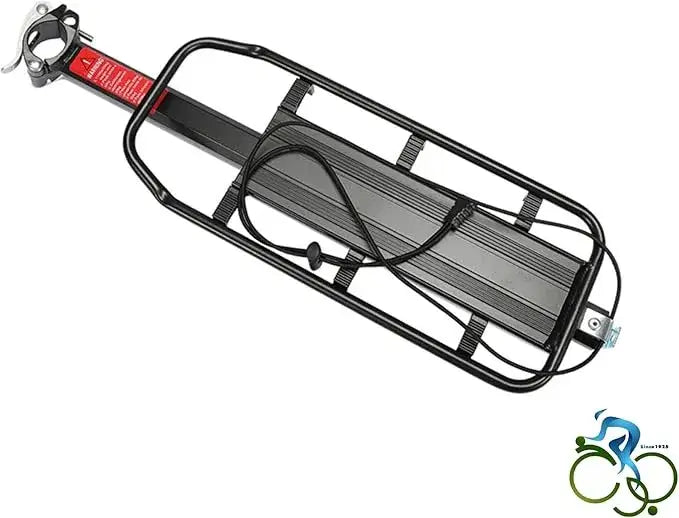Top-down view of a black metal bicycle rear cargo rack featuring a gray textured center platform and integrated elastic bungee cord straps, isolated on white background