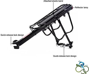 Black bike rear cargo rack diagram with labels for elastic strap, rear reflector, and quick-release locks