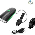Rechargeable bicycle headlight and horn kit with black and green light unit, handlebar mount, wired horn button, and USB charging cable.