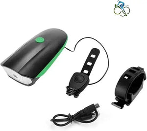 Rechargeable bicycle headlight and horn kit with black and green light unit, handlebar mount, wired horn button, and USB charging cable.