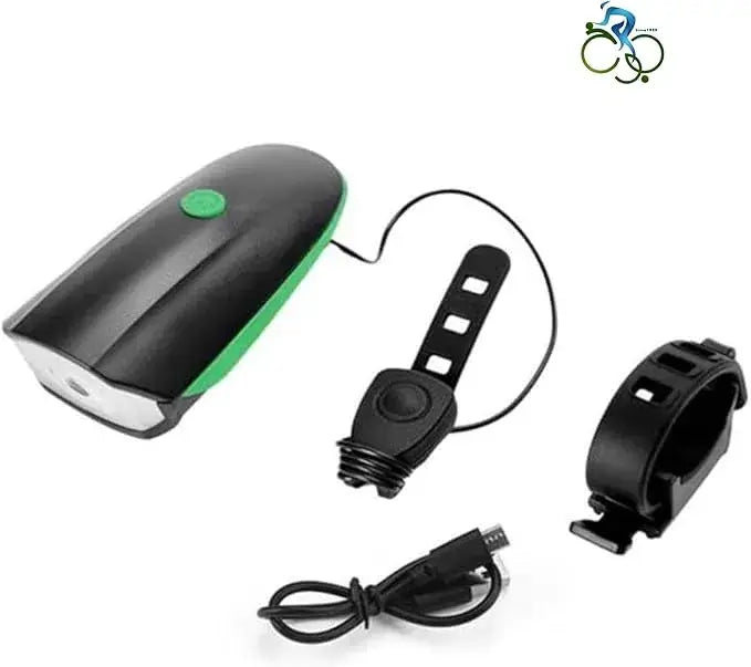 Rechargeable bicycle headlight and horn kit with black and green light unit, handlebar mount, wired horn button, and USB charging cable.