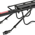 Black heavy-duty metal bicycle rear cargo rack with adjustable seatpost quick-release clamp and side support bars, isolated on white background