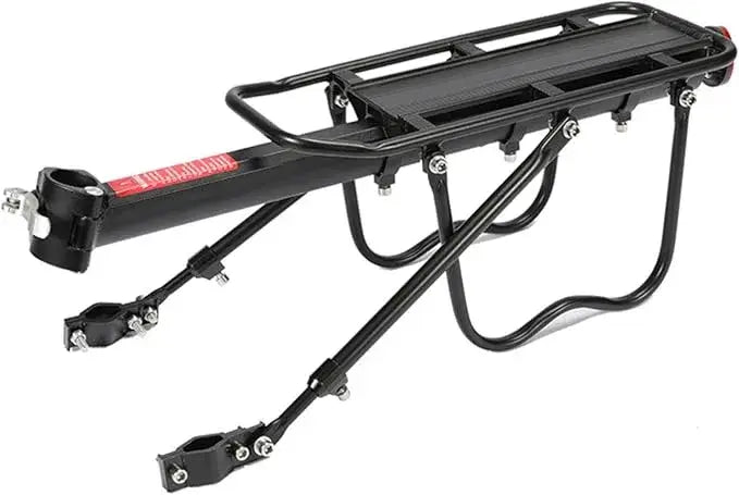 Black heavy-duty metal bicycle rear cargo rack with adjustable seatpost quick-release clamp and side support bars, isolated on white background