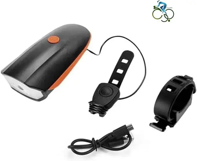 Rechargeable bicycle headlight and horn kit with black and orange light unit, handlebar mount, wired remote button, and USB charging cable.