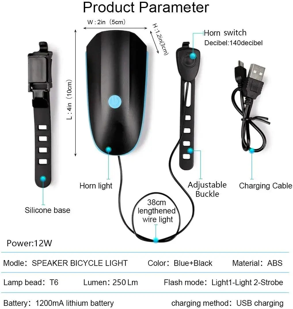 Bicycle headlight and horn product parameter chart showing dimensions, specs, and included accessories.