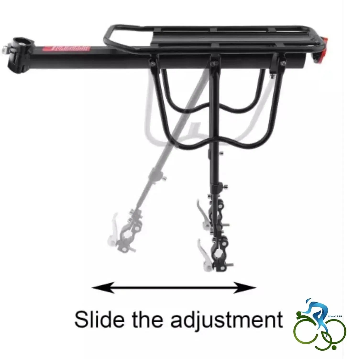 Black bicycle rear cargo rack diagram illustrating horizontal length adjustment feature with double-ended arrow and 'Slide the adjustment' text, isolated on white background