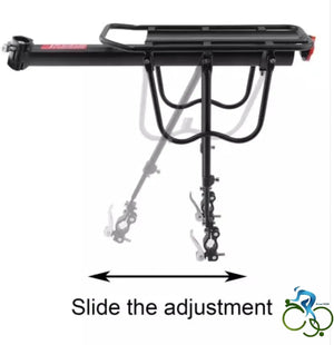 Black bicycle rear cargo rack diagram illustrating horizontal length adjustment feature with double-ended arrow and 'Slide the adjustment' text, isolated on white background