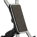 Black plastic adjustable handlebar smartphone holder for bikes and motorcycles with four corner grip arms, isolated on white background