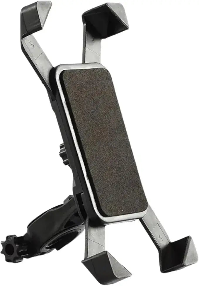 Black plastic adjustable handlebar smartphone holder for bikes and motorcycles with four corner grip arms, isolated on white background