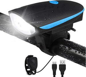 Water-resistant bicycle LED headlight with blue accents, handlebar mount, USB cable, and horn button.