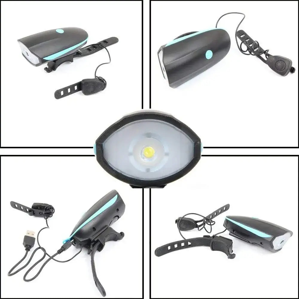 Collage of 5 images showing a bicycle headlight with blue accents, USB charging cable, wired horn switch, and front LED close-up.
