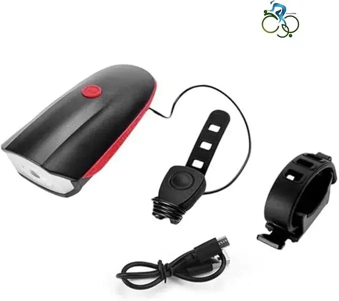 Rechargeable bicycle headlight and horn kit with black and red light unit, handlebar mount, wired horn button, and USB charging cable.
