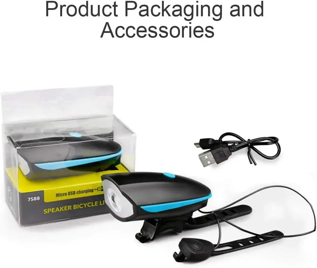 Rechargeable bicycle headlight with packaging box, USB cable, and mount, labeled 'Product Packaging and Accessories'.