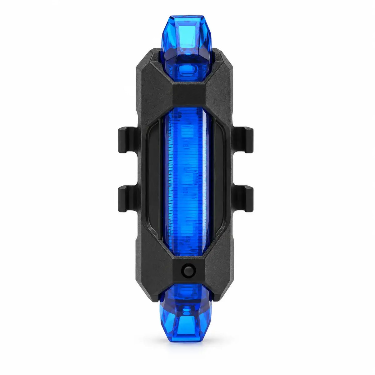 Front view of blue rechargeable bicycle tail light on a white background