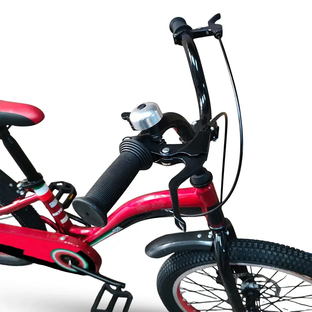 Close-up of handlebars, bell, and metal brake lever on RF 20-inch kids bike.