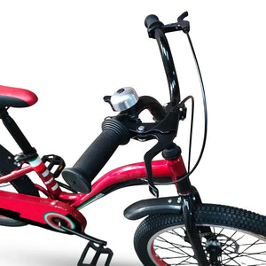 Close-up of handlebars, bell, and metal brake lever on RF 20-inch kids bike.