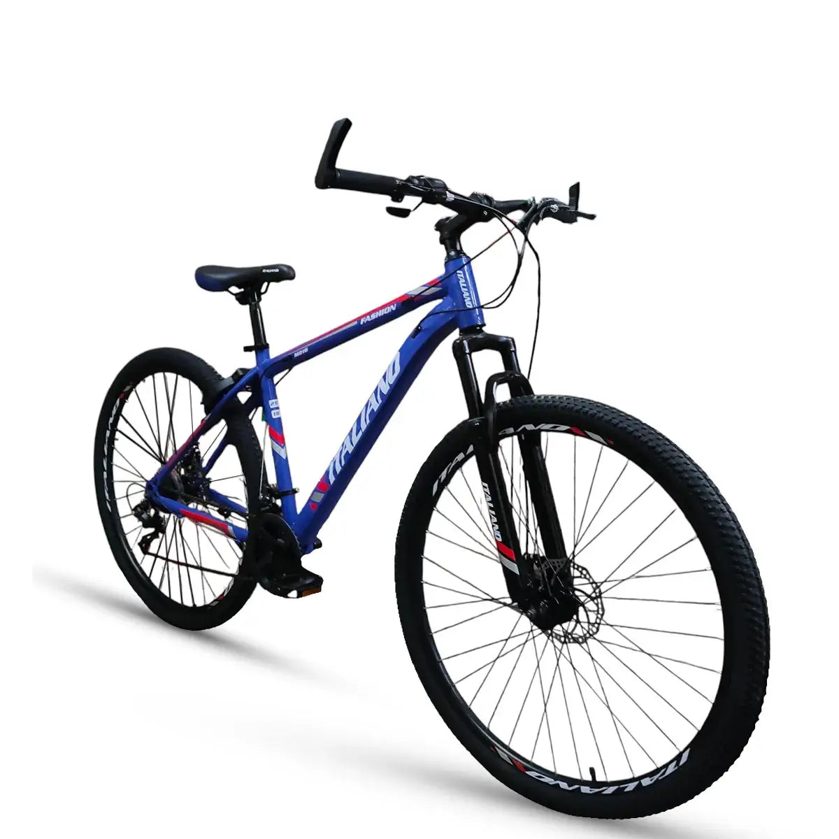Italiano M216 29-inch mountain bike in blue and black with front suspension fork and disc brakes.