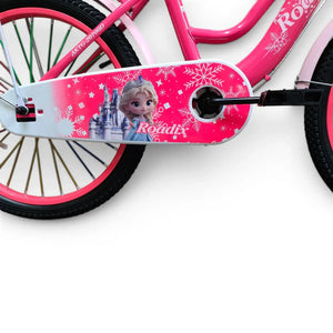 Close-up side view of the chain cover with Frozen graphics and pedal of a Fuchsia Roadix girls bicycle.