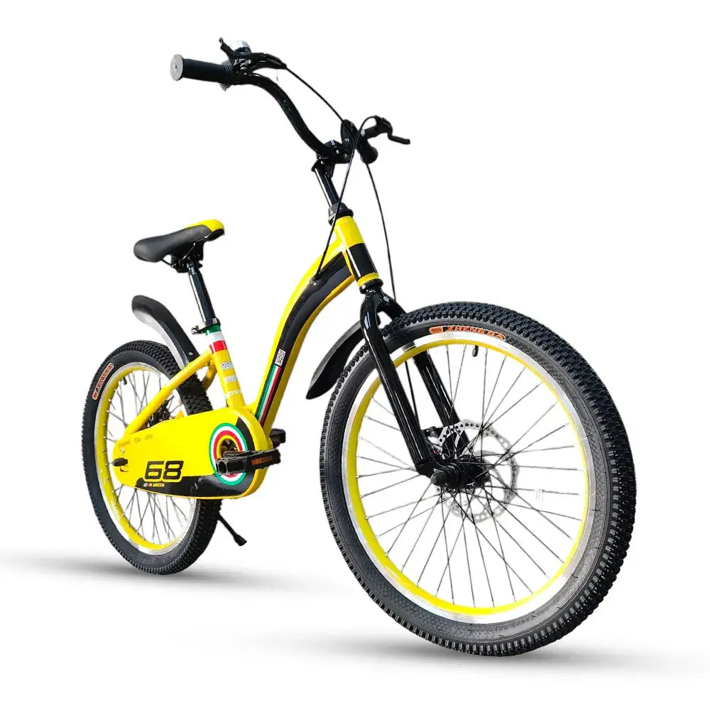 RF 20-inch kids bike in yellow and black with disc brakes, full chain guard, and mudguards by ABO ELGOUKH.