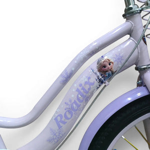 Close-up side view of the Purple steel frame with Roadix branding and Frozen graphics of a girls bicycle.