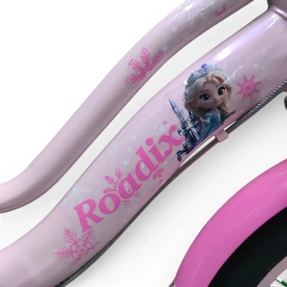 Close-up of pink Roadix girls bicycle frame and graphics