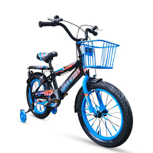 Super Hero 16-inch kids bike in blue and black with training wheels, front basket, and padded rear seat by ABO ELGOUKH.