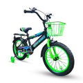 Super Hero 16-inch kids bike in green and black with training wheels, front basket, and padded rear seat by ABO ELGOUKH.