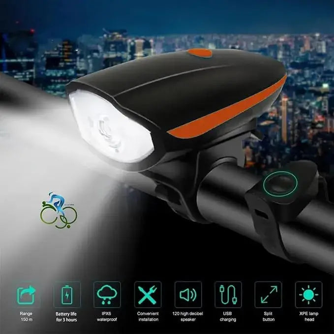 Black and orange bicycle headlight mounted on handlebar against a city skyline with illuminated beam and feature icons.