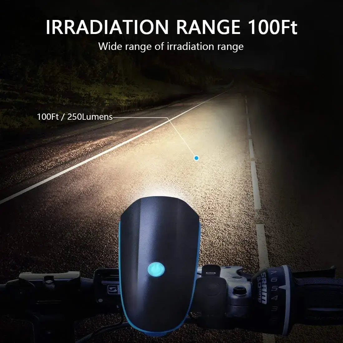 Bicycle LED headlight with blue button illuminating a road, with '100Ft / 250Lumens irradiation range' text.