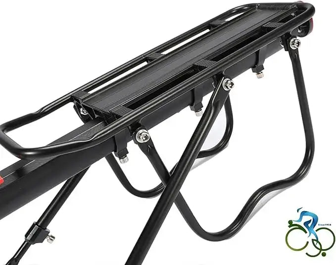 Side close-up view of a black metal bicycle rear cargo rack showing extended platform rails and adjustable lower support struts, isolated on white background