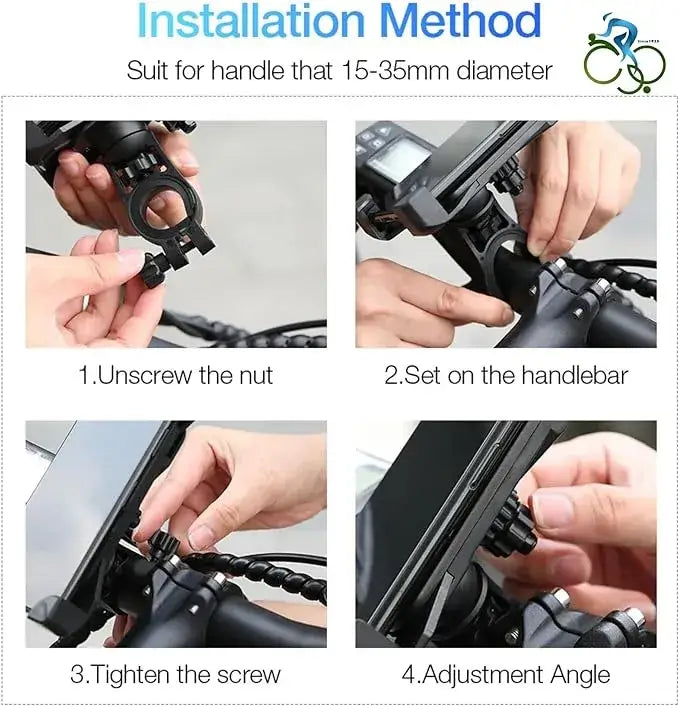 Four-step installation guide diagram showing how to mount a smartphone holder on a bicycle or motorcycle handlebar, isolated on white background
