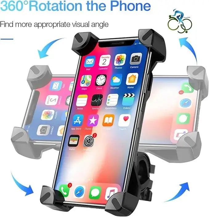 Black bike phone holder diagram highlighting 360-degree rotational viewing angles