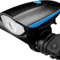 Water-resistant black rechargeable bicycle headlight with blue accents and integrated horn mounted on handlebar.