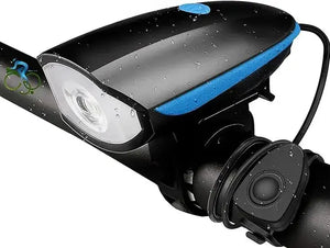 Water-resistant black rechargeable bicycle headlight with blue accents and integrated horn mounted on handlebar.