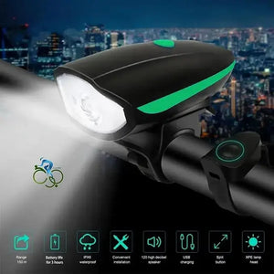 Black and green bicycle headlight mounted on handlebar against a city skyline with illuminated beam and feature icons.