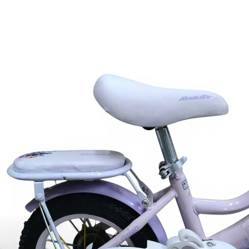 Side View of Padded Rear Seat on Roadix 12-Inch Girls Bike – Purple 