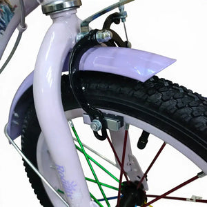 Front metal brake assembly and calipers on a purple Roadix 16 inch kids bicycle