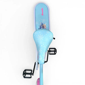 Close-up top view of the adjustable Blue saddle and padded rear seat of a Roadix girls bicycle.
